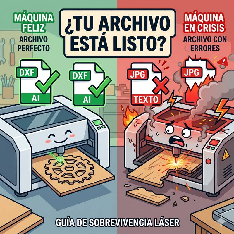 Guía técnica de corte láser Bogotá que compara un archivo vectorial correcto (DXF/AI) en una máquina feliz frente a un archivo con errores (JPG) en una máquina en crisis.