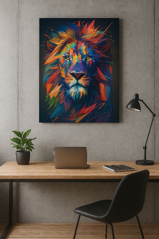 Retablo de león geométrico multicolor – impresión digital sobre MDF con corte láser en Bogotá