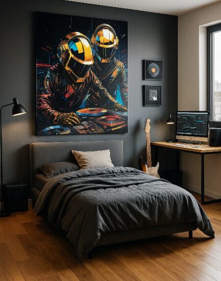 Retablo de DJs música elctrónica con cascos – impresión digital sobre MDF con corte láser en Bogotá