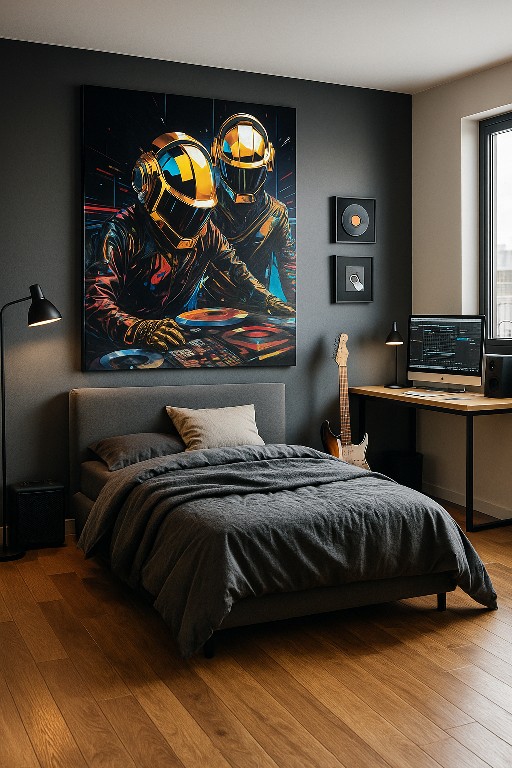 Retablo de DJs música elctrónica con cascos – impresión digital sobre MDF con corte láser en Bogotá