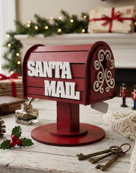 Buzón navideño rojo de madera MDF cortado a láser con el texto Santa Mail y filigranas blancas en un ambiente navideño