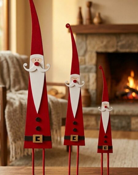 Conjunto de tres adornos navideños de Papá Noel de patas largas en madera MDF con gorros rojos, barbas blancas y zapatos neg